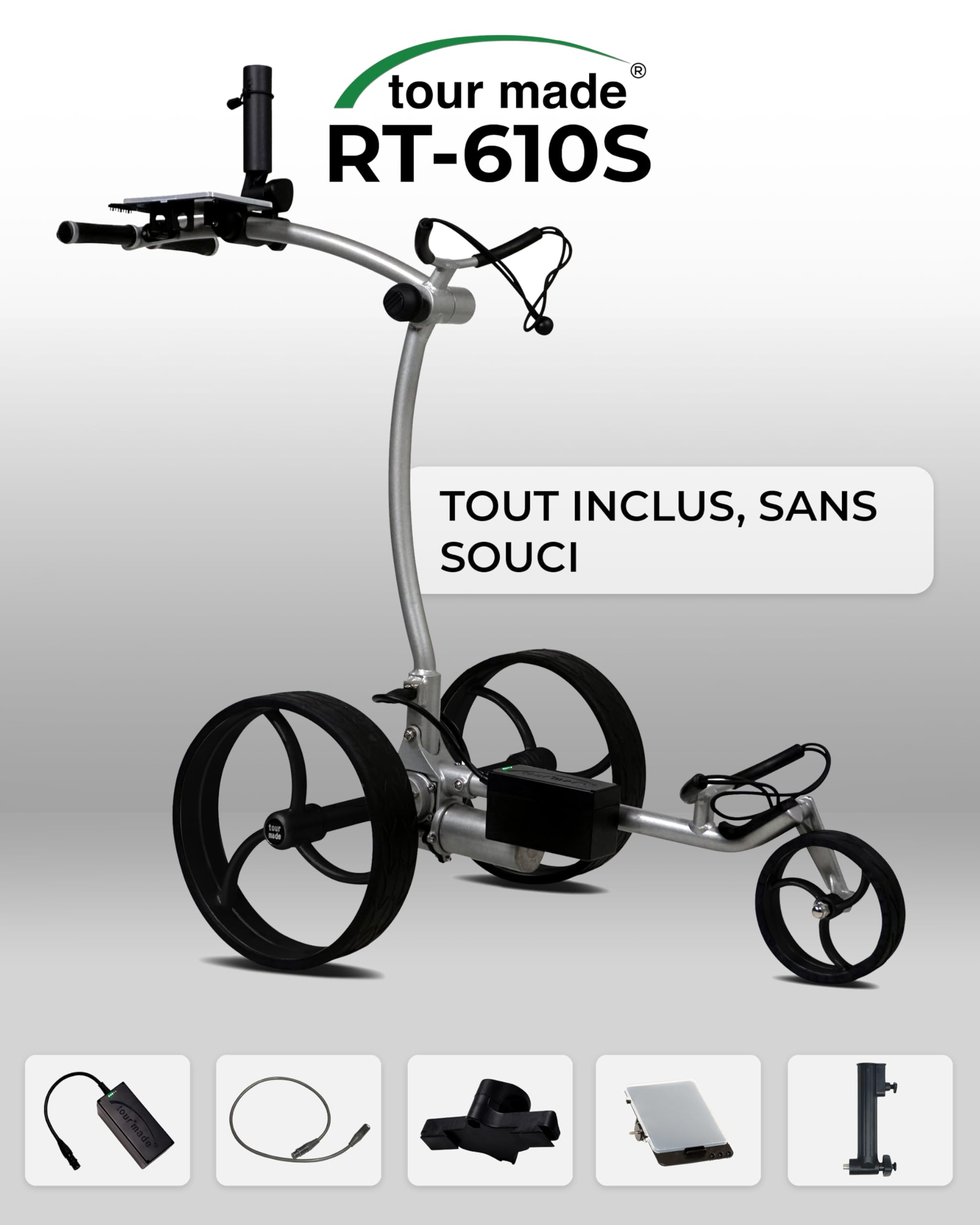 tour-made RT-610S Chariot de Golf électrique I Frein de Descente I Nombreux Accessoires I Batterie au Lithium 27-36 Trous I Chariot 3 Roues Pliable I Qualité Allemande