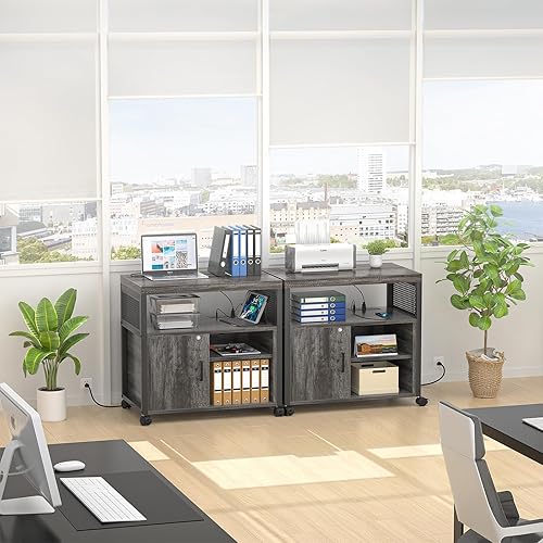 Miniatura 2 de Unikito Archivador lateral de oficina con enchufe y puerto de carga USB moderno soporte de impresora sobre ruedas gabinete de impresora con puerta y