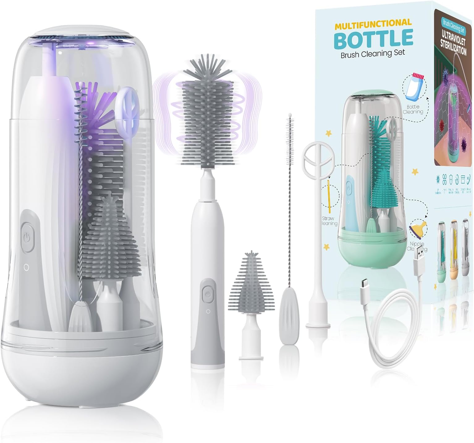 IvyWindElectric Travel Baby Bottle Brush Set with Storage Box, Automatic Bottle Cleaner Brush Kit with Silicone Bottle/Nipple/Straw Brush, Milk Frother Electric and Drainage Rack, Rechargeable, Gray