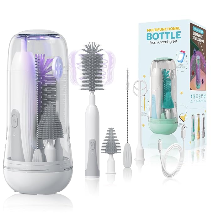 IvyWind Electric Travel Baby Bottle Brush Set with Storage Box, Automatic Bottle Cleaner Brush Kit with Silicone Bottle/Nipple/Straw Brush, Milk Frother Electric and Drainage Rack, Rechargeable, Gray