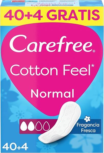 Carefree Cotton Feel Normal Fragancia Fresca Protegeslips (40 + 4 unidades), protegeslips absorbentes y transpirables sin fragancia, protege slips para todo tipo de braguitas - 1