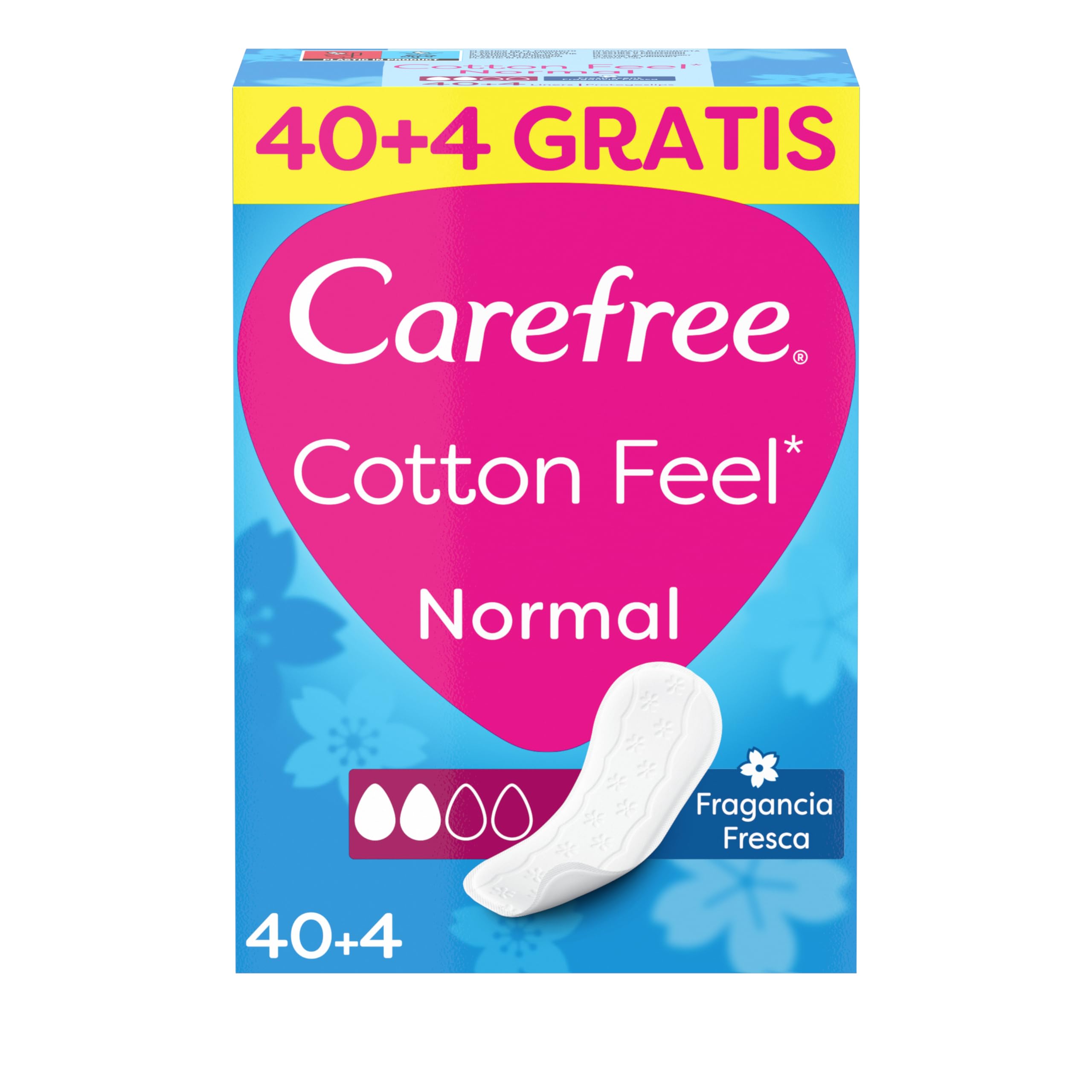Carefree Cotton Feel Normal Fragancia Fresca Protegeslips (40 + 4 unidades), protegeslips absorbentes y transpirables sin fragancia, protege slips para todo tipo de braguitas