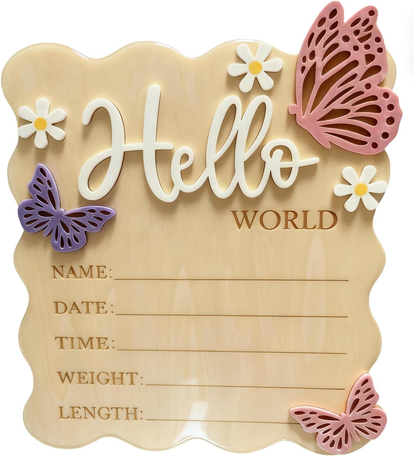 Wooden Hello World Newborn Baby Announcement Sign - Butterfly Daisy Birth Plaque Personalized Name Stats Board Floral Nursery Decor Photo Prop Welcome Baby Gift (Pink)