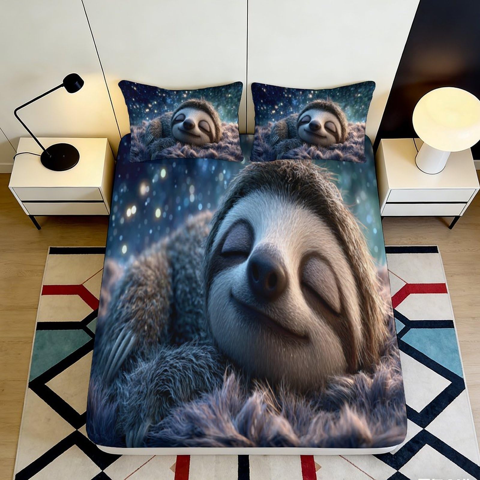 3D Printed Relaxed Sloth Fitted Sheet Microfiber Soft Breathable Starry Night Bed Cover for Bedroom Dormitory Guest Room Mattress Protection Decor 140x200x25cm