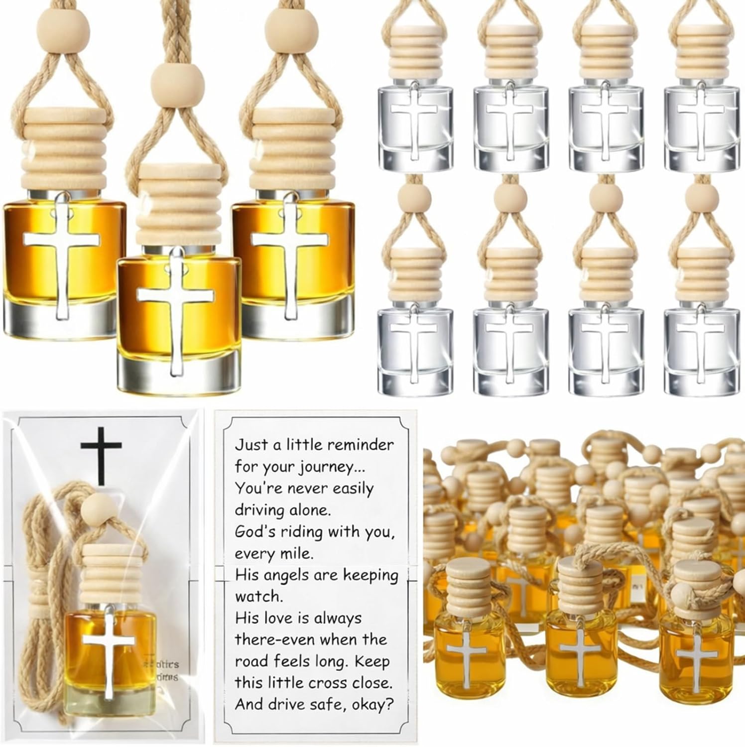 Qinyoung 30 Pack Christian Appreciation Gifts for Coworker Hanging Car Air Freshener Diffuser Bottles Empty Bulk Essential Oil Perfume Car Diffuser Pendant Bottle with Cross Charms Gift Cards and Bags
