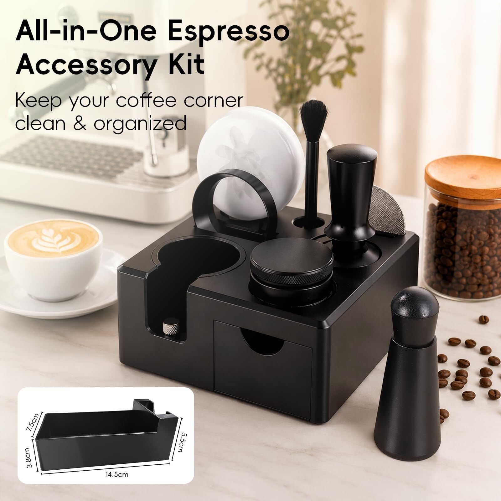 Kit de 9 accesorios para café WDT con estación de apisonamiento cuadrada para manipulación, distribuidor, embudo dosificador, cepillo, pantalla de disco, bolígrafo y plantillas (53 mm)
