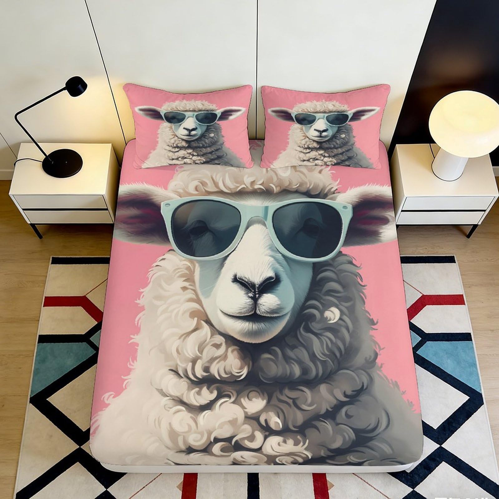 3D Printed Cool Sheep Fitted Sheet Microfiber Pink Cartoon Animal Bed Cover Anti-Slip Machine Washable for Bedroom Guest Room 90x200x25cm