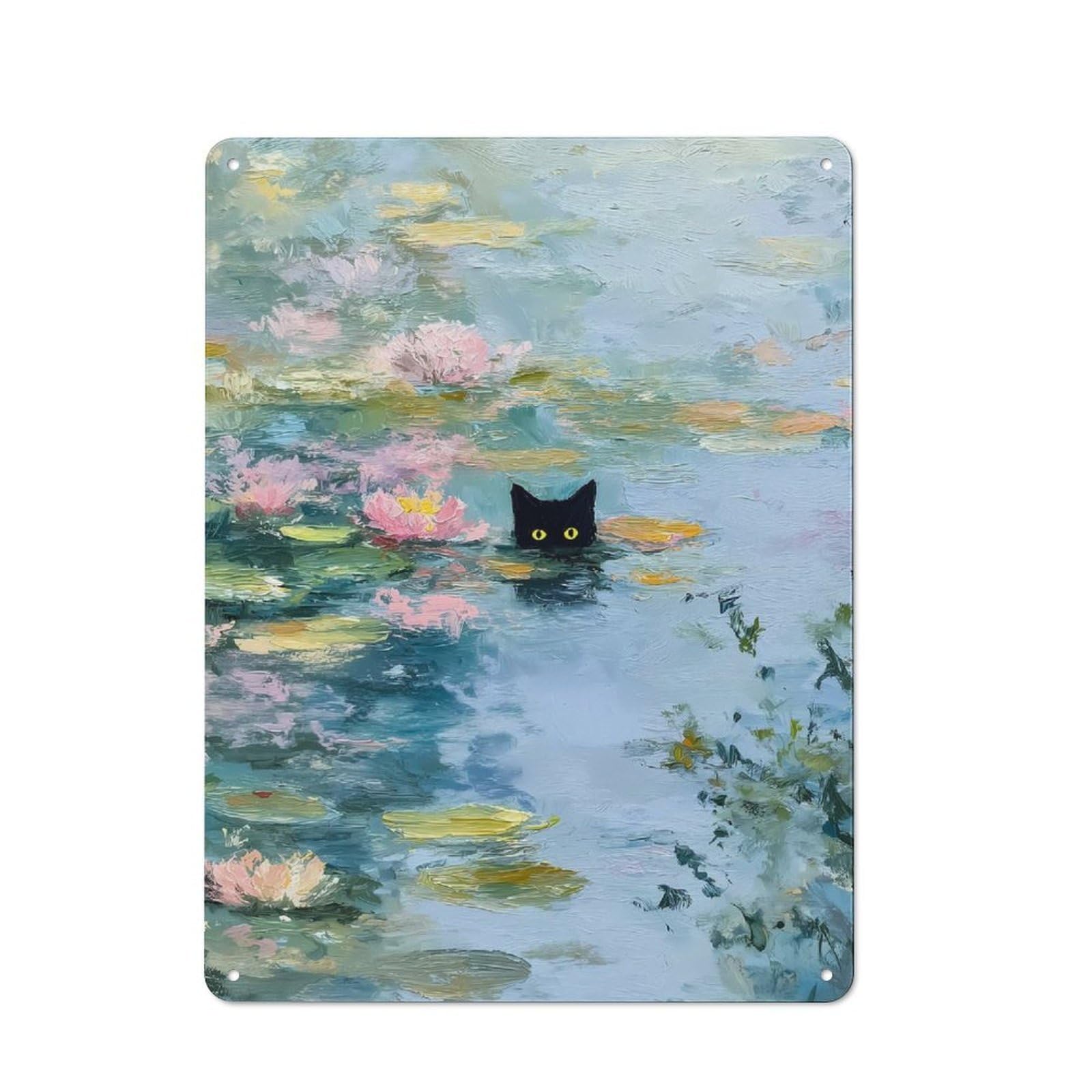 Junmoney Style Black Cat In Water Lilies Painting Metal Wall Plaque For Seasonal Kitchen, Dining Room Or Entrance, Christmas Gift For Friends And Family, 40X30cm