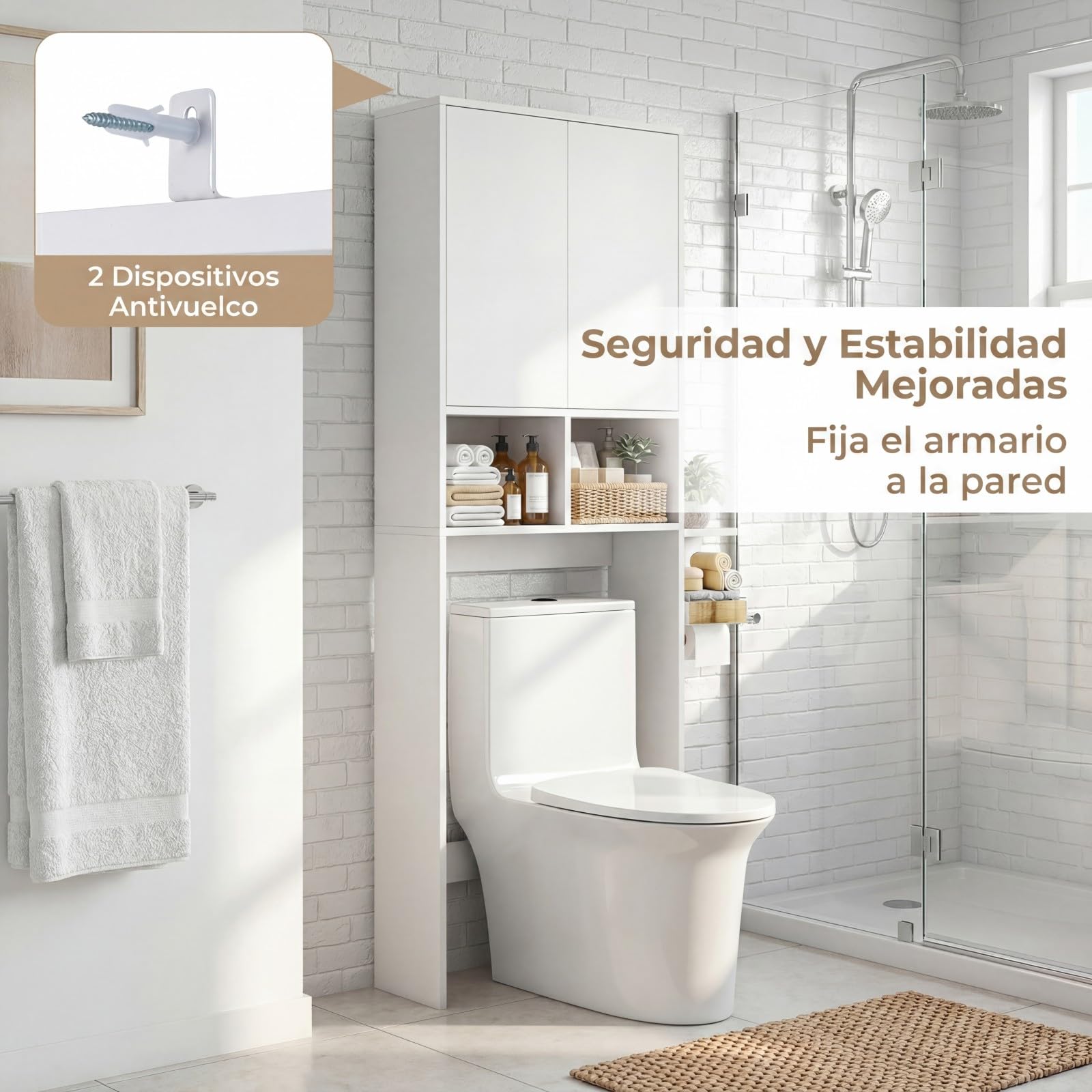 COSTWAY Armario de Almacenamiento sobre el Inodoro, Mueble Organizador de Baño con Puertas, 2 Compartimentos Abiertos, Estante Ajustable, Gabinete Estantería Ahorro de Espacio para Lavandería, Blanco