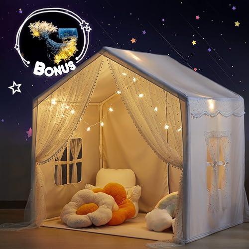 Miniatura 3 de Tienda de campaña para niños con luces de estrella, casa grande para niños para interiores y exteriores, tienda de campaña para niñas decorada con
