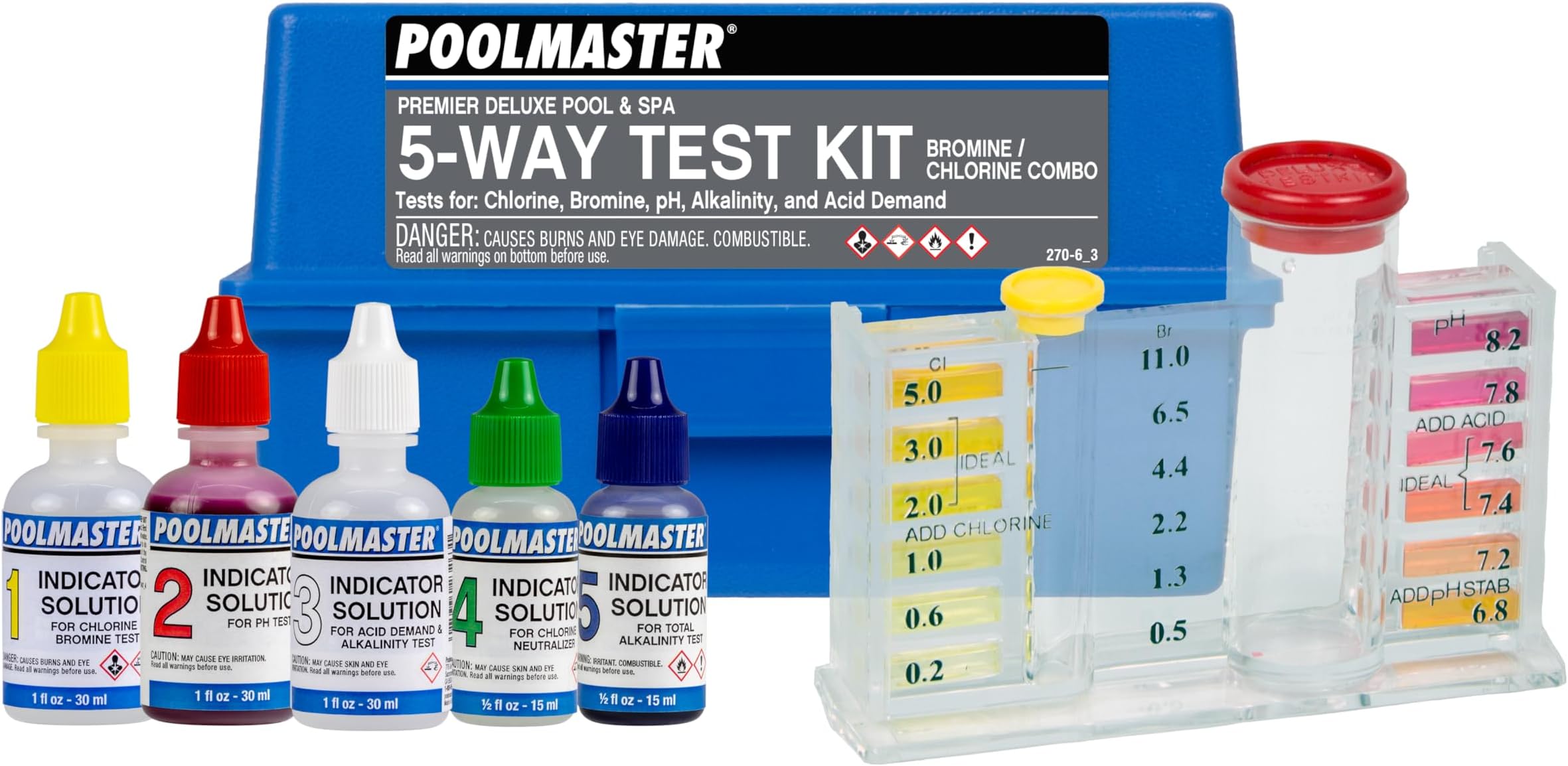 Poolmaster 22270 5-Way Swimming Pool or Spa Water Chemistry Test Kit with Case, Premier Collection