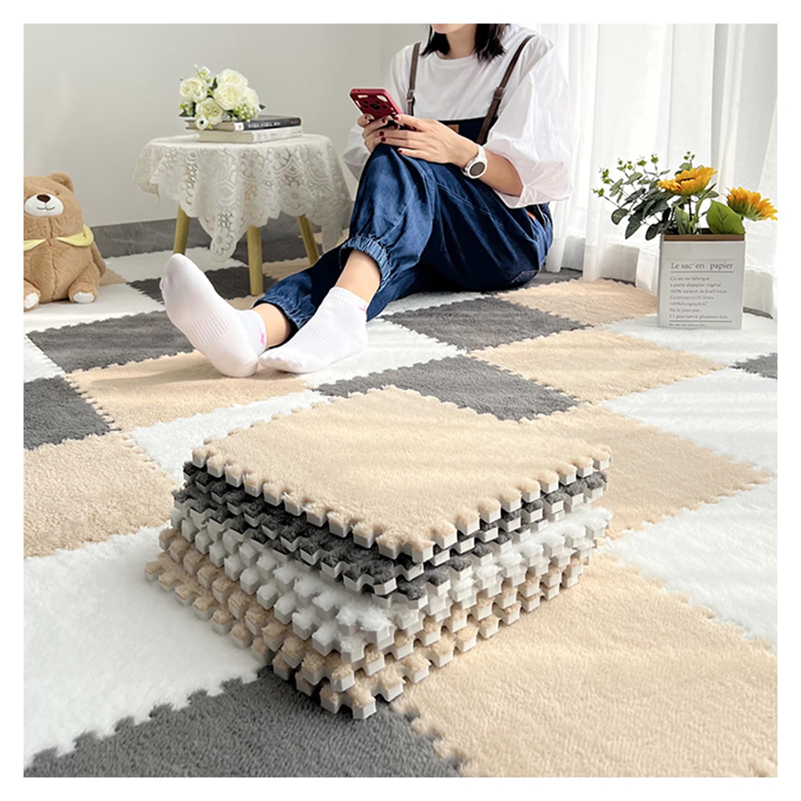 Tapete de juego de espuma entrelazada de felpa de 10 piezas, tapete de juego tipo rompecabezas de 30 x 30 cm, acolchado para ejercicio, yoga, sala de juegos y suelo de habitación (gris, marrón claro