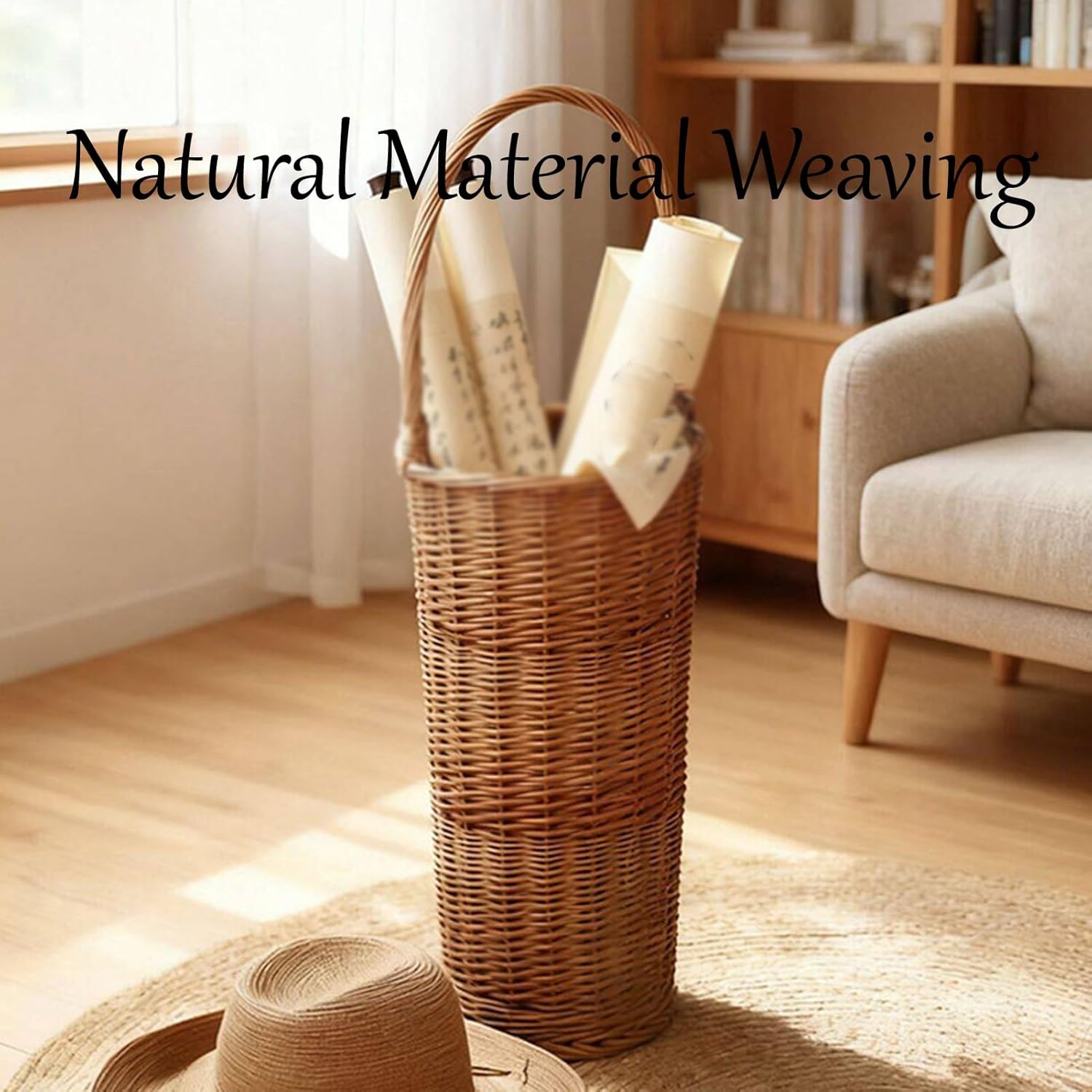 Rattan Umbrella Stand Rack, Wicker Weave Japanese Style Umbrellas Storage Bucket, Household Laundry Basket with Handle Fits Mudroom, Walking Canes, Home, Office