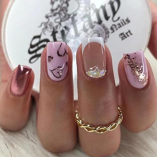Uñas postizas cuadradas medianas a presión con purpurina y diseños de corazón, uñas blancas con punta francesa a presión, uñas adhesivas brillantes