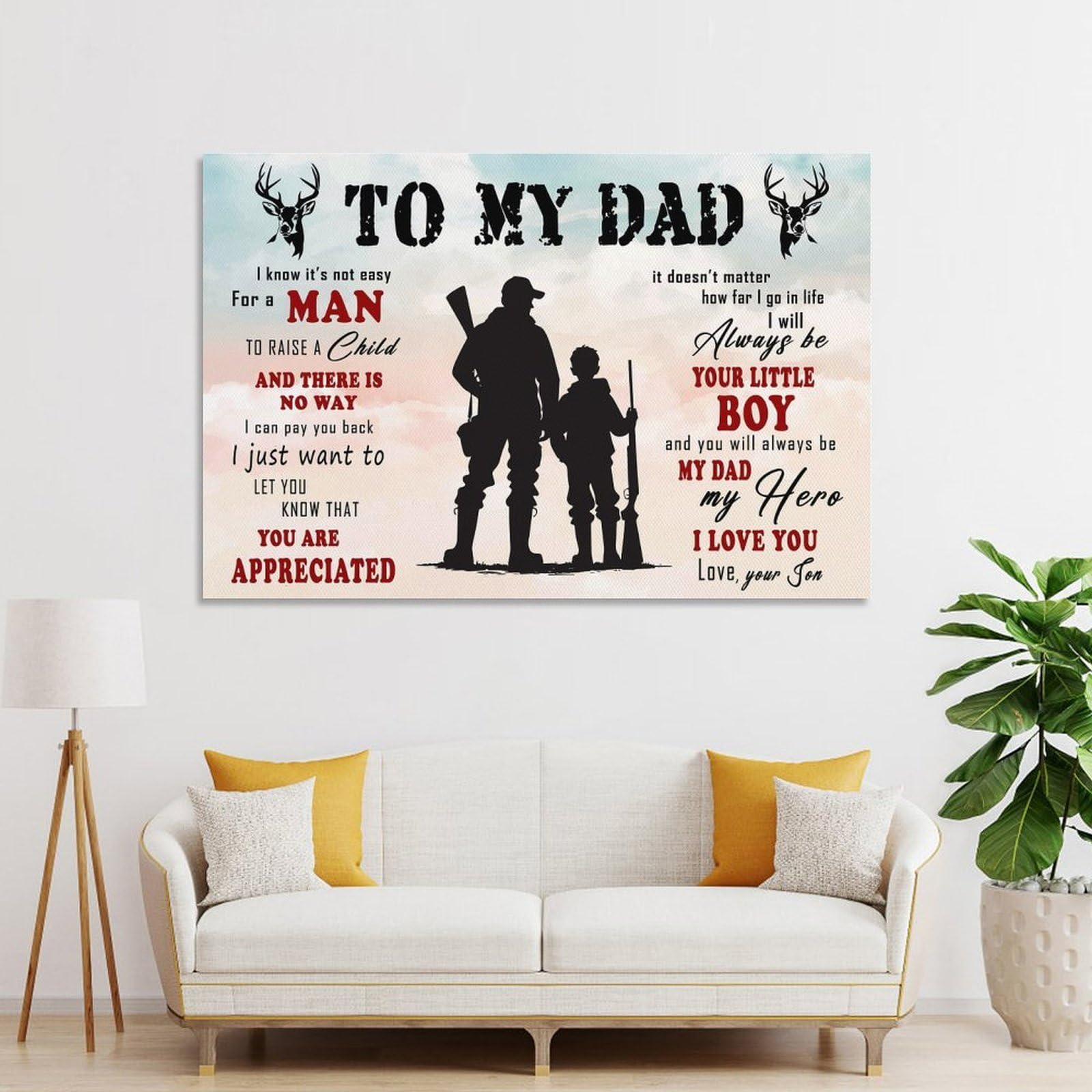 Junmoney Decorative Canvas Print To My Dad Father And Son Hunting, 20x30inch(50x75cm), for Study, Office Or Apartment Decor, Gift Idea for Housewarming And Birthdays