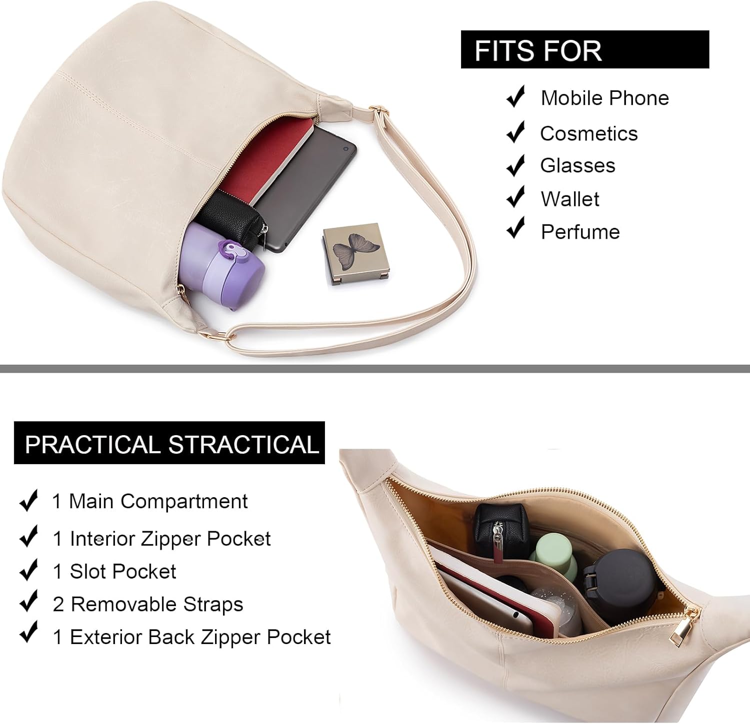 NIUEIMEE ZHOU Hobo Bags for Women Foldable Vegan Leather Shoulder Handbag Slouchy Tote Crossbody Purses - Image 4