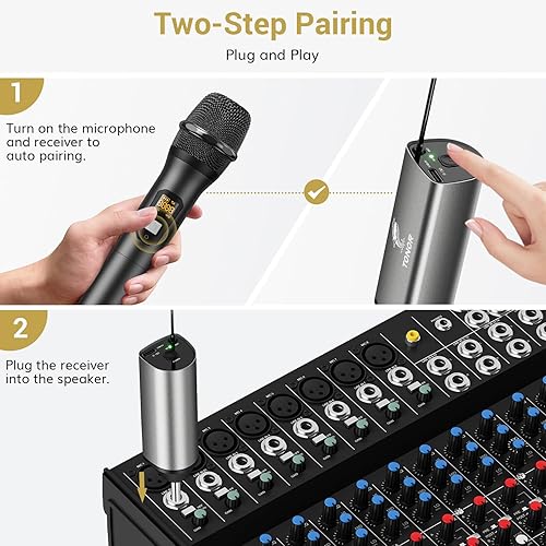 Miniatura 4 de TONOR Micrófono inalámbrico, UHF Dual Handheld Metal Multiusos Dinámico Sistema de micrófono de canto con receptor recargable, para con sistema de