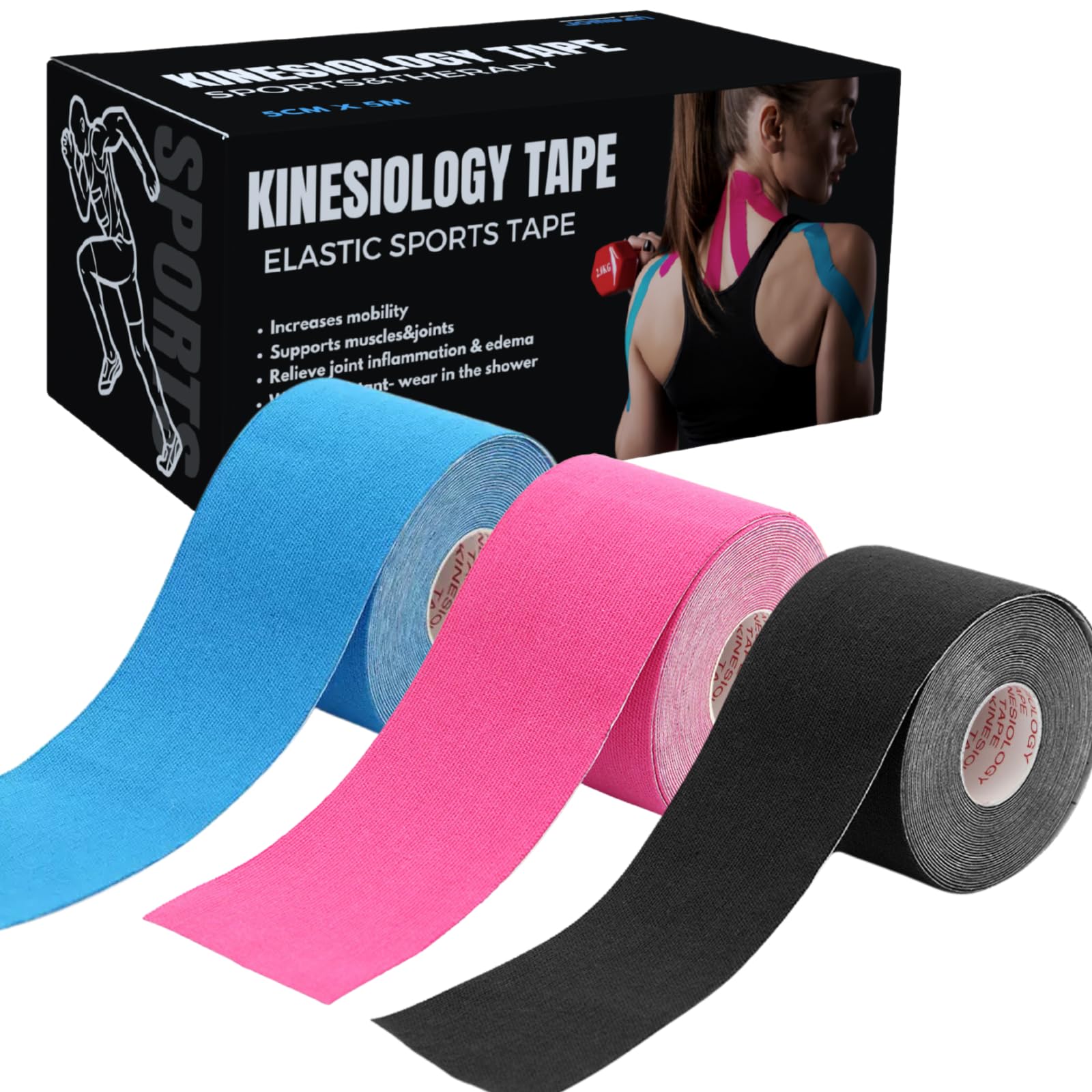 Kinesiology Tape 5CM*5M for Muscles, 3 Pack (Black+Pink+Blue)