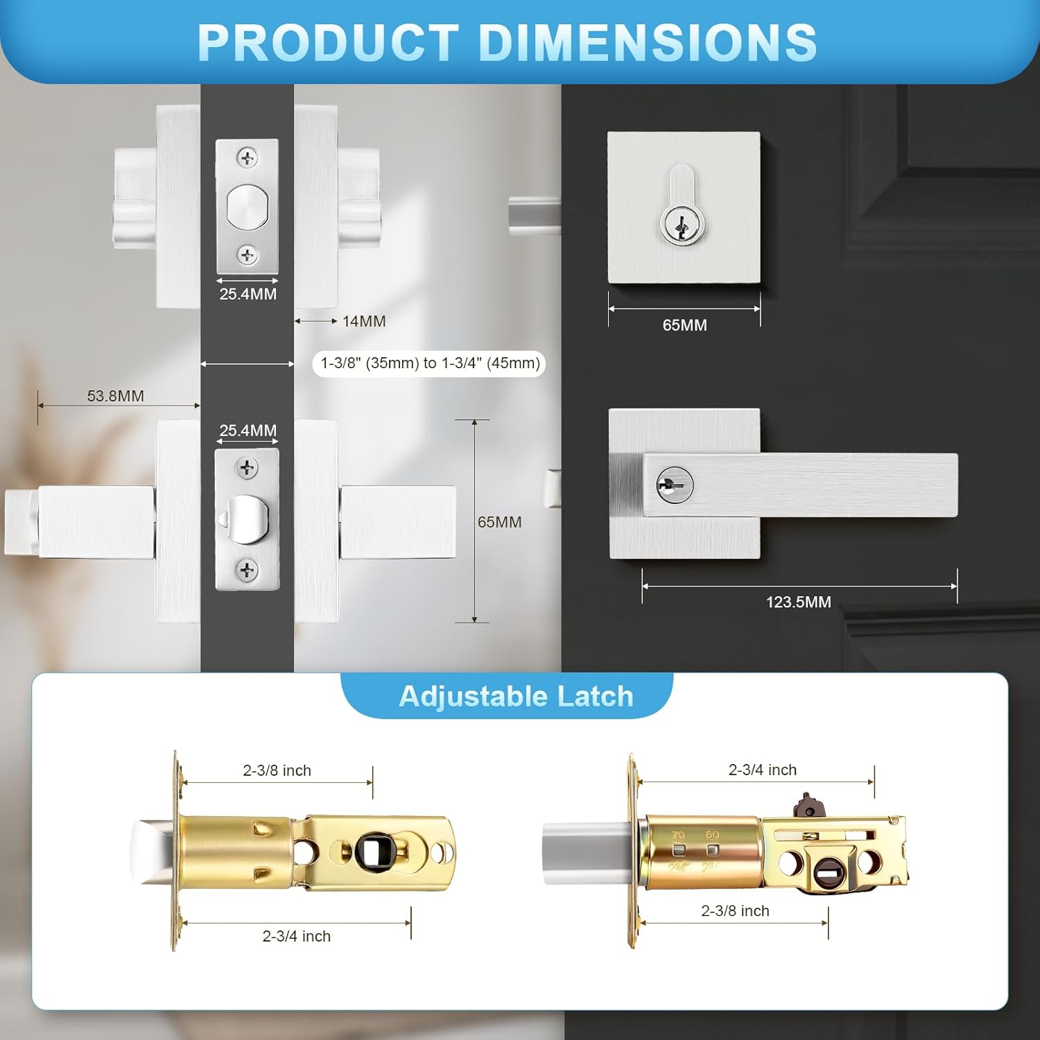 3 Pack Brushed Nickel Exterior Door Lock Set with Deadbolt, Square Front Door Handle Set, Door Levers Double Cylinder Deadbolt Set, Keyed Alike Heavy Duty Keyed Entry Handles Locksets