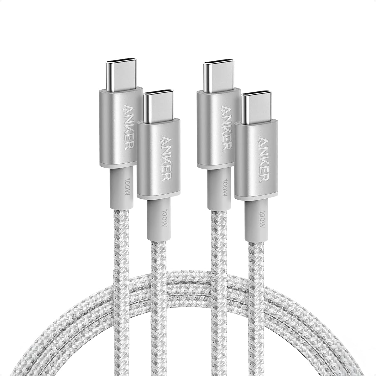 Cable USB C a USB C, cable de carga rápida de 100 W (paquete de 2, 6 pies, plateado) | Para iPhone 17 Series, MacBook Pro 2020, Pixel y más (no para salida de video)