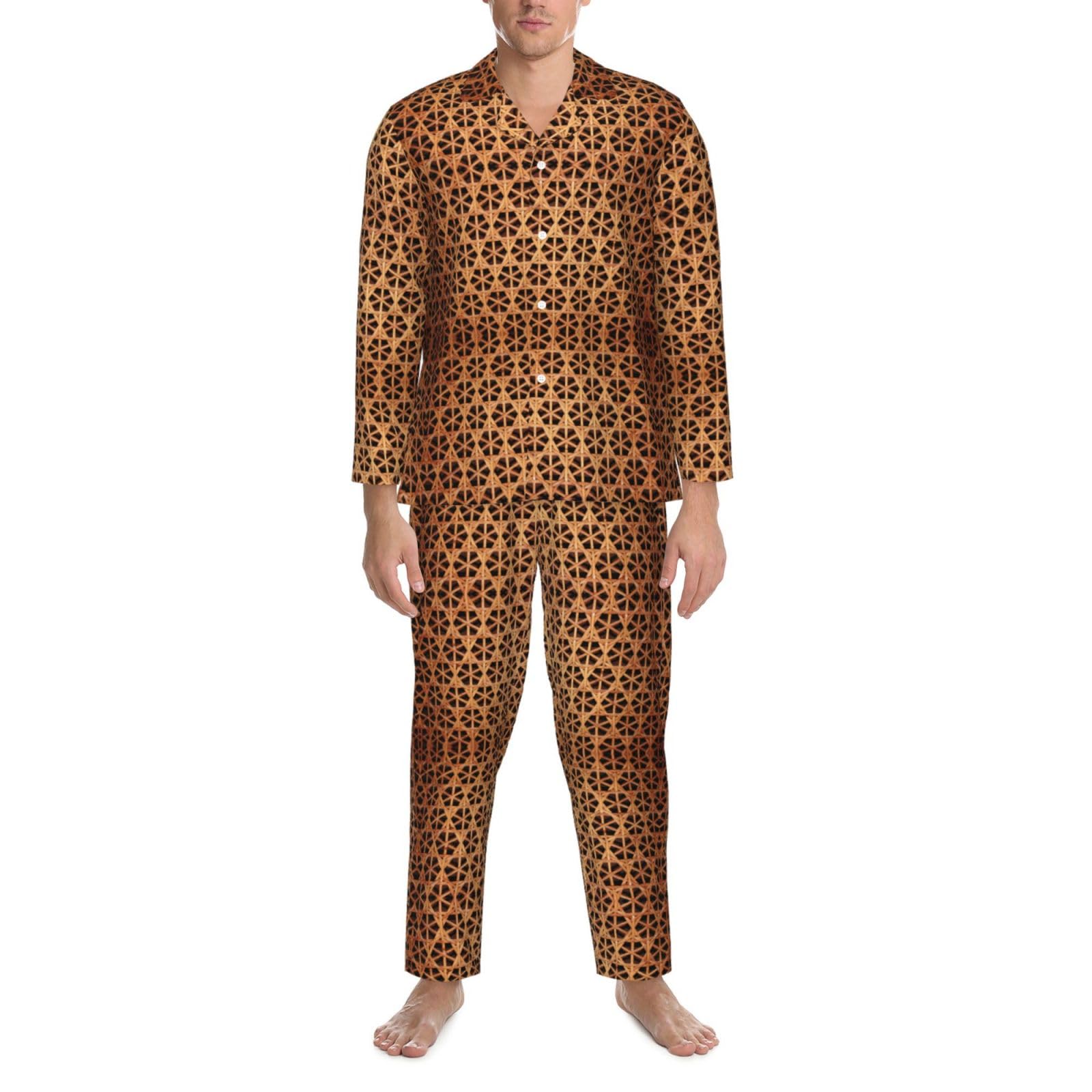 Conjunto de pijama de manga larga para hombre, diseño de rejilla tejida de mimbre, conjunto de pijama de manga larga para hombre, ropa de descanso suave con bolsillos, color negro