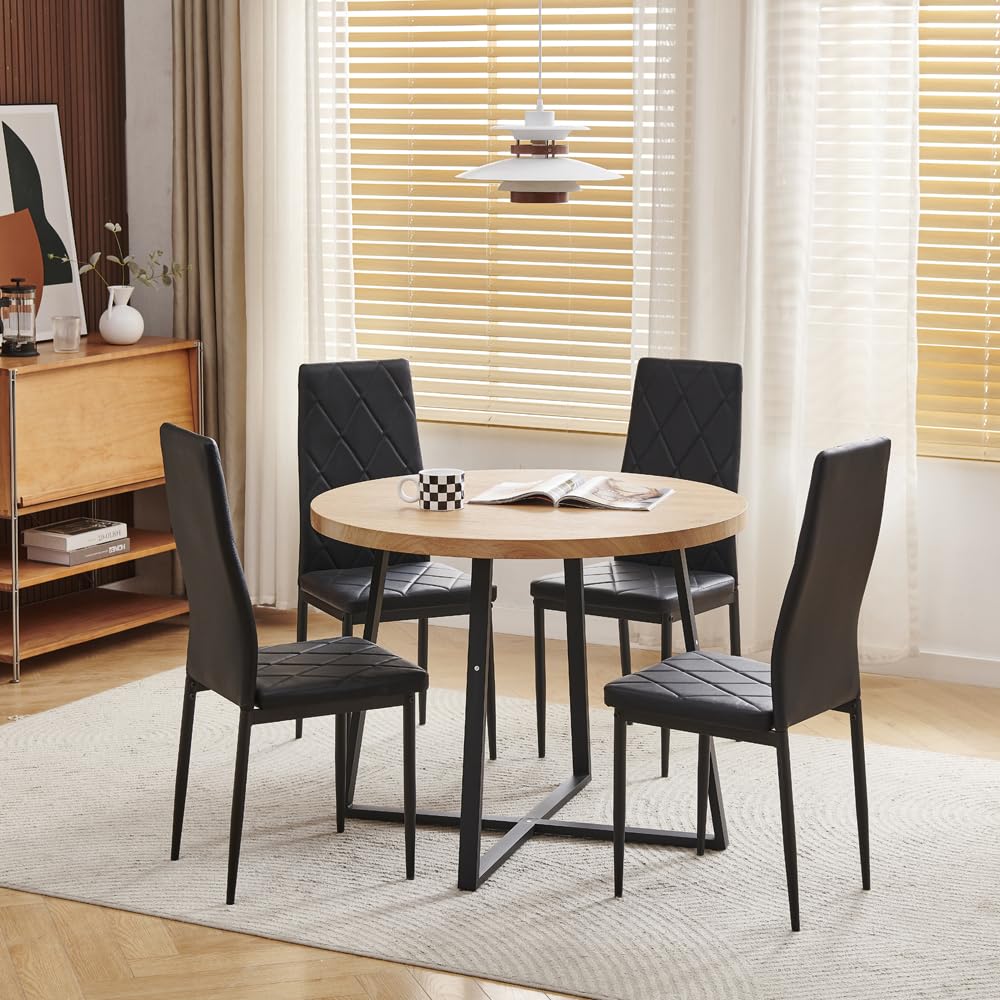Menaka Round Dining Table and Chairs Set of 4 for Kitchen Diner, 5 Pieces Oak Wood Table with 4 Chairs for Compact Dinette Restaurant (4 Argyle Grid Black Leather Chairs#2, 95cm Oak Table)