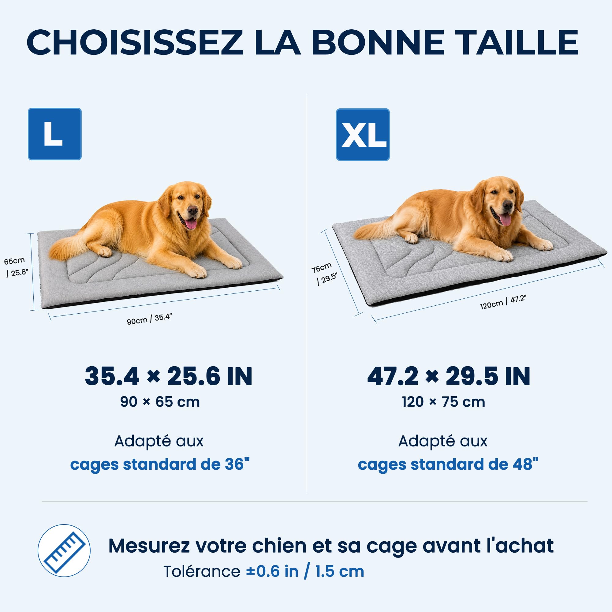 Tapis Rafraîchissant Chien sans Gel, Q-Max ≥ 0,4, 90×65/120×75 cm | Surface PE Q-Max ≥ 0,4, rembourrage env. 3 cm, base antidérapante et lavable pour la maison, la voiture et la cage