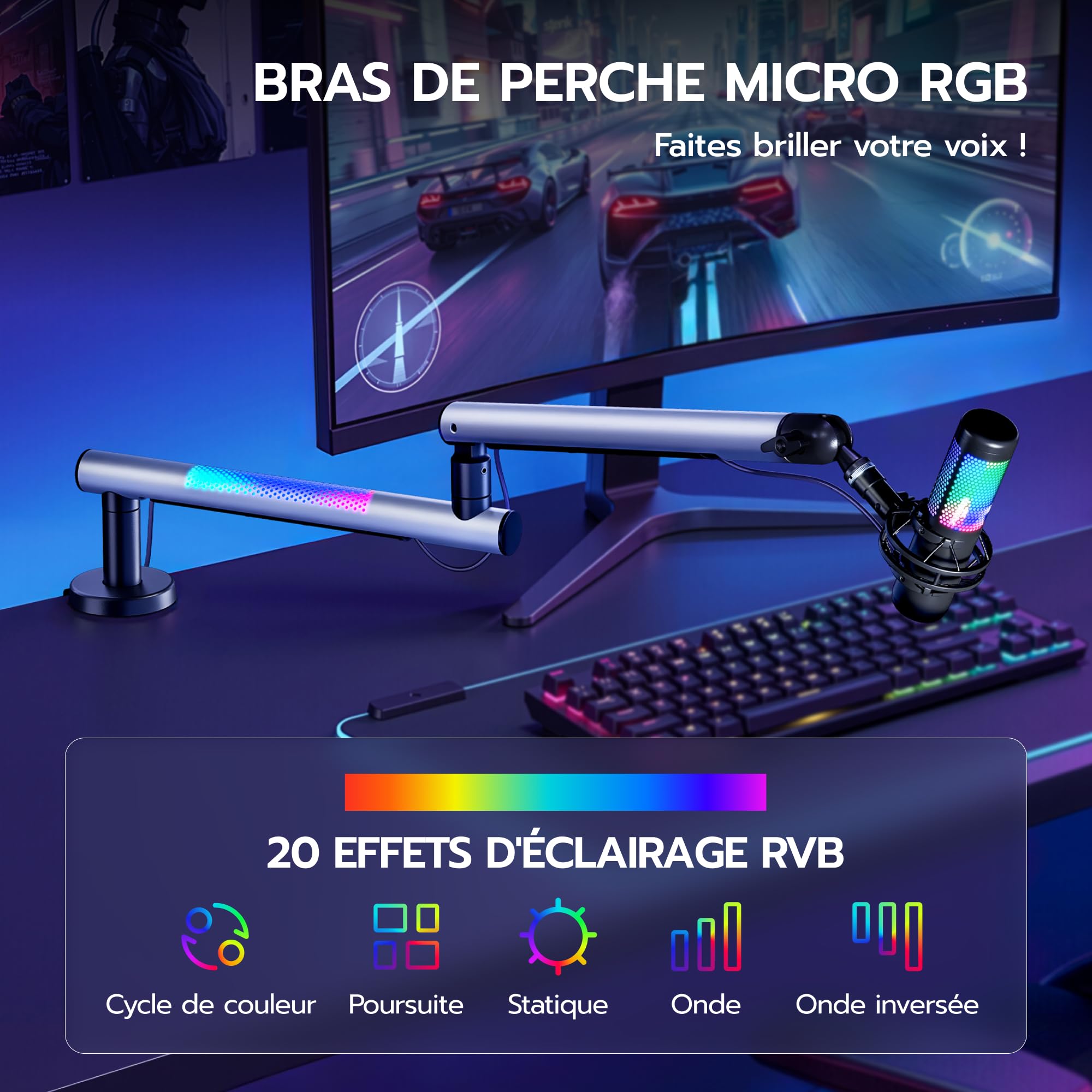 ARES WING Braccio per Microfono da Gioco con luce RGB | Supporto per microfono rotazione a 360°, compatibile con adattatori 3/8"-5/8", per podcast, streaming, gaming e uso domestico