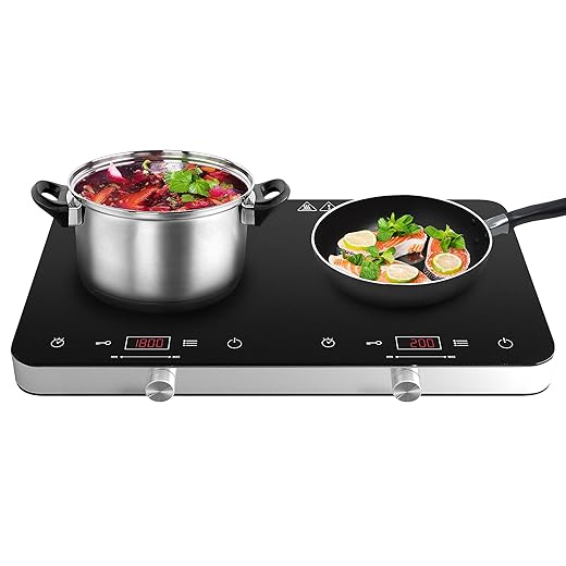 Double Induction Cooktop Burner, 1800w 2 burner Induction Cooker Cooktop, 10 Temperature 9 Power Settings Portable Electric Countertop Burner Touch Stove with Child Safety Lock & Timer