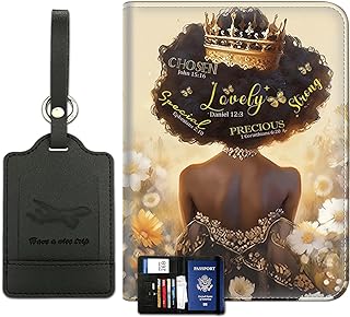 Passport Holder With Luggage Tag Set, Passport Cover With RFID Blocking, Multi-slot Passport Wallet, Waterproof Leather Travel Document Holder for Women Men, African American Crown Girl Passport Case