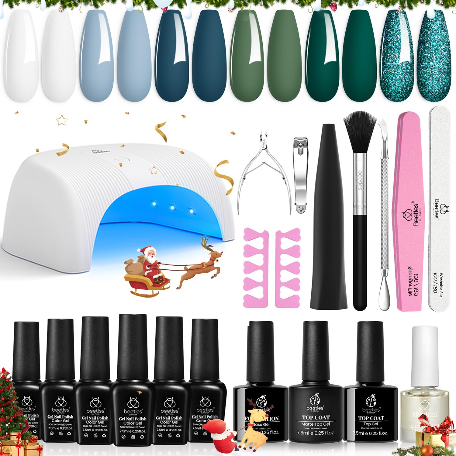 Beetles Christmas Green Gel Nail Polish Set Winter with Led Light Base Top Coat, 6 Colors Blue Glitter Polish Starter Kit, Nail Polish Kit With Uv Light Gift for Women