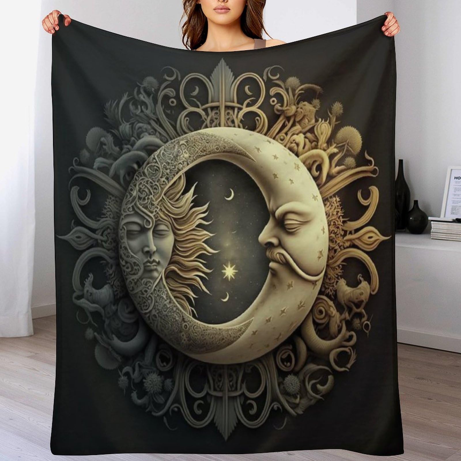 Couverture polaire soleil et lune en flanelle de canapé 130x180cm