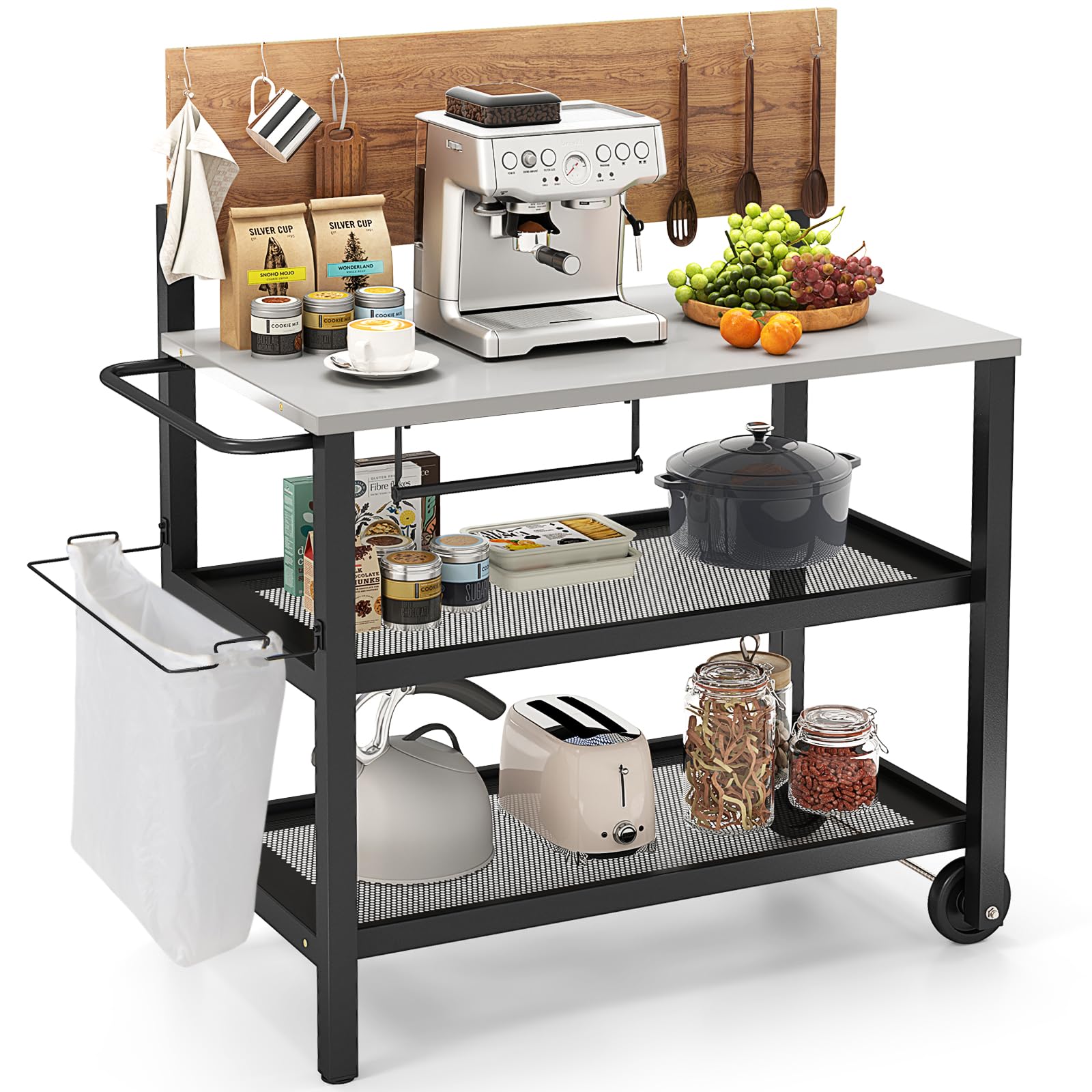 GIANTEX Carro de Cocina Multifuncional 4 Niveles, Carrito de Servicio con Tablero Plegable, Portarrollos de Pañuelos, Portabolsas y Ganchos, 2 Ruedas, Carro de Barbacoa para Patio, Balcón