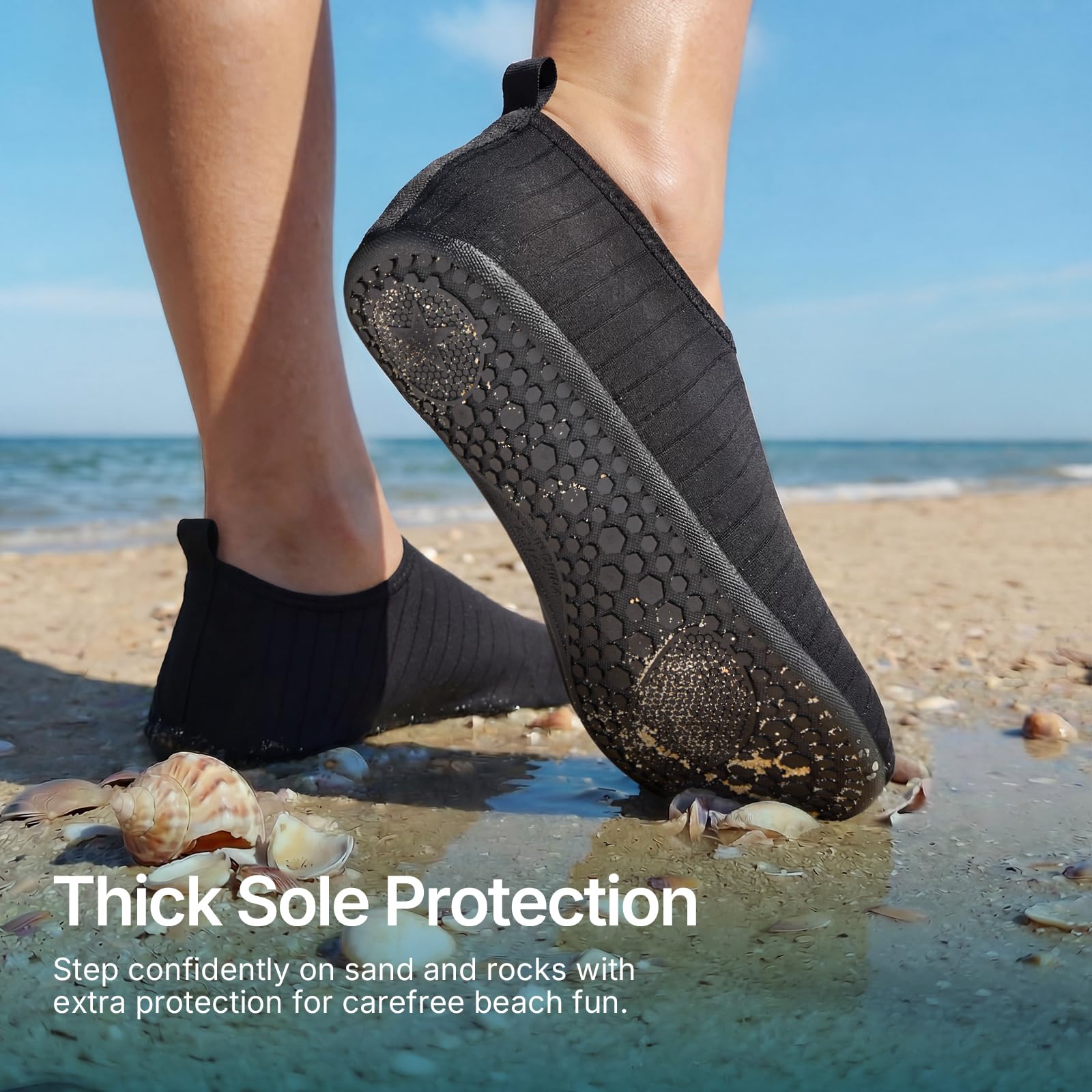 Close-up view of the ATHMILE water shoe sole, illustrating its thin profile and basic tread pattern.
