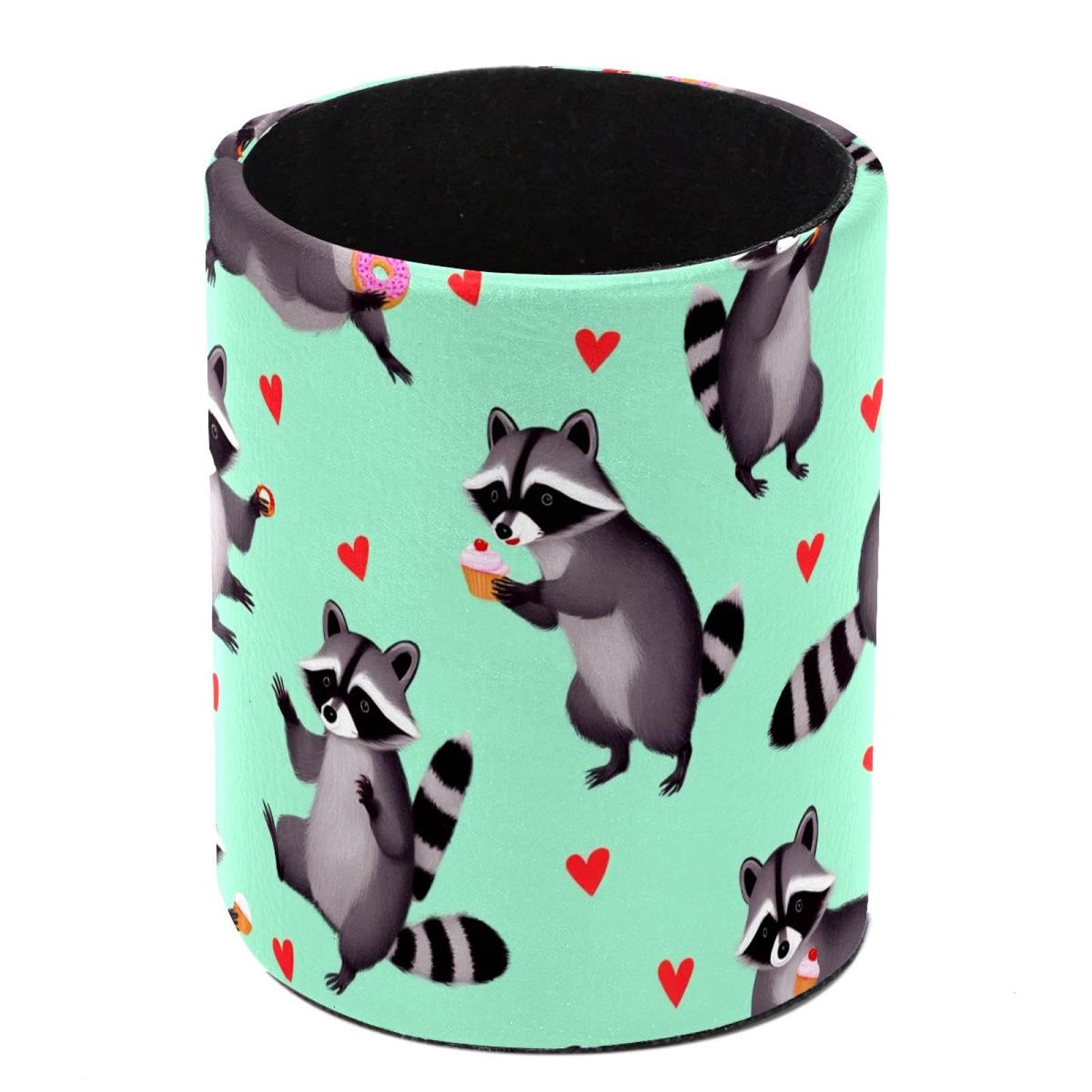 HEOEH Raccoon Pen Holder for Desk, PU Leather Pencil Holder Pen Cup Marker Holder Makeup Brush Holders, Desk Accessories & Workspace Organizers for Home, Office