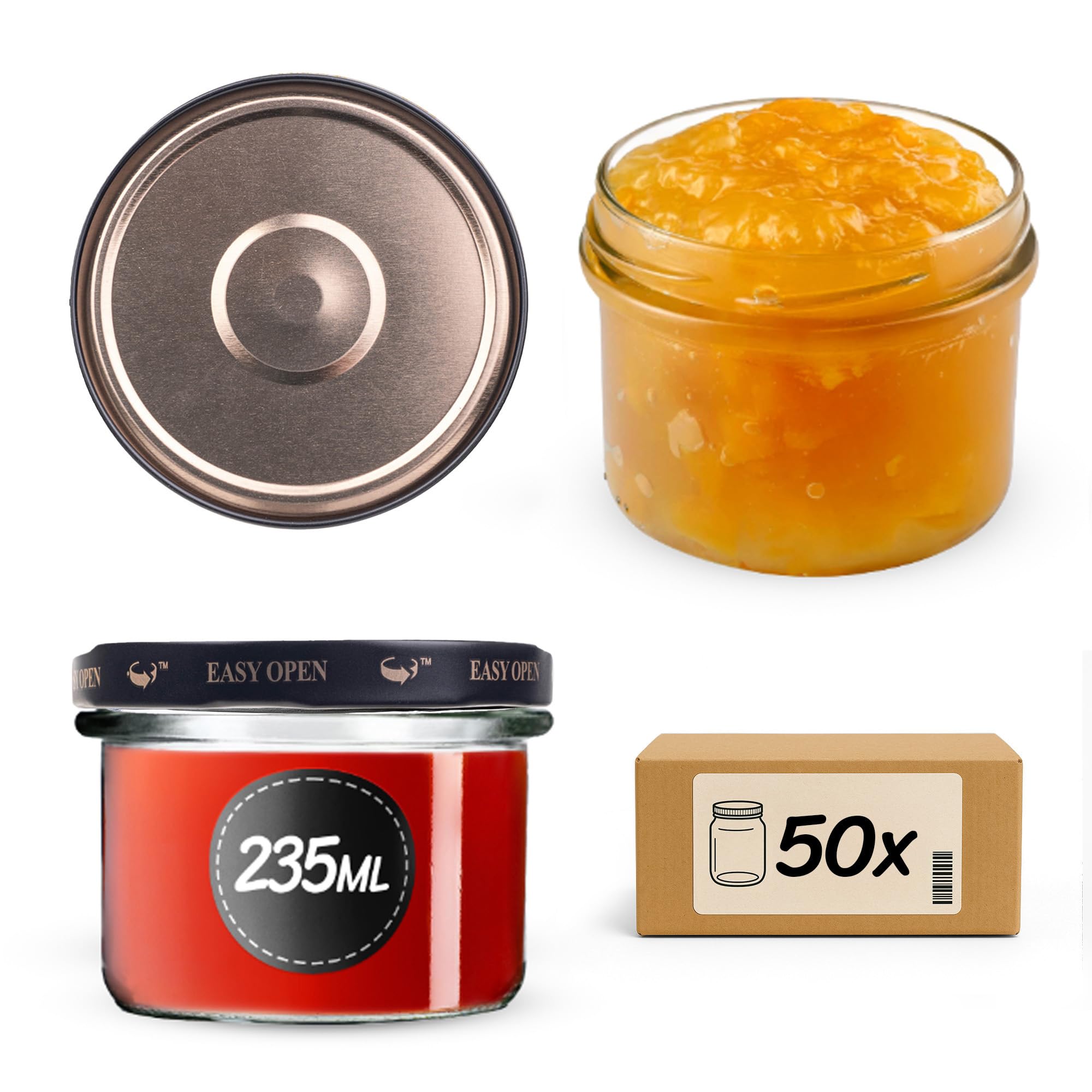 Set de 50 tarros de mermelada KADAX 235 ml con tapa de rosca en negro/dorado Ø 82 mm - Tarros para mermelada, chutneys, verduras en escabeche, patés, salchichas, carne, alimentos para bebés y más