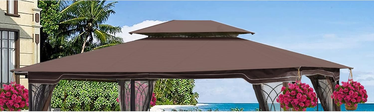 13x10 Ft Patio Double Roof Gazebo Replacement Canopy Top Fabric,Brown