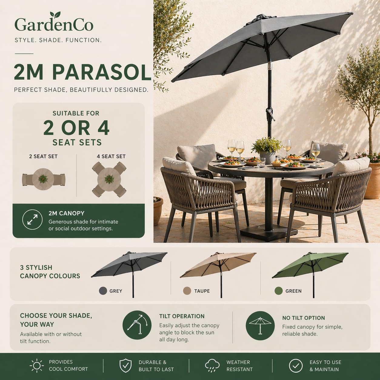GardenCo Outdoor 2m Parasol - Crank Up & Tilt Function Options Garden Parasol Umbrella - UV Rated 50-38mm Parasol Pole — view 8
