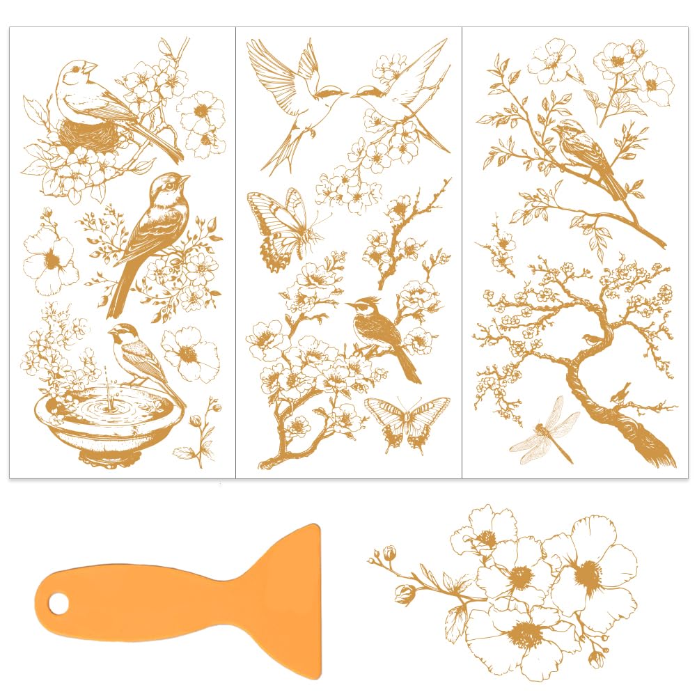 OLYCRAFT 3pcs/Set Golden Branches Rub on Transfers for Crafts 15x30cm Gold Birds Furniture Decals Decor Decorative Transfer Stickers with 1pc Scraper for Home Office Scrapbooking