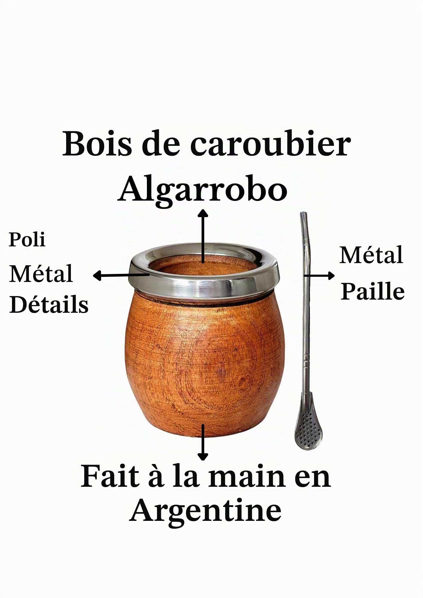 Tasse mate argentine naturelle fabriquée à la main en bois de caroube avec bord en acier inoxydable, mat avec ampoule, Gourd mate mug, style tonneau