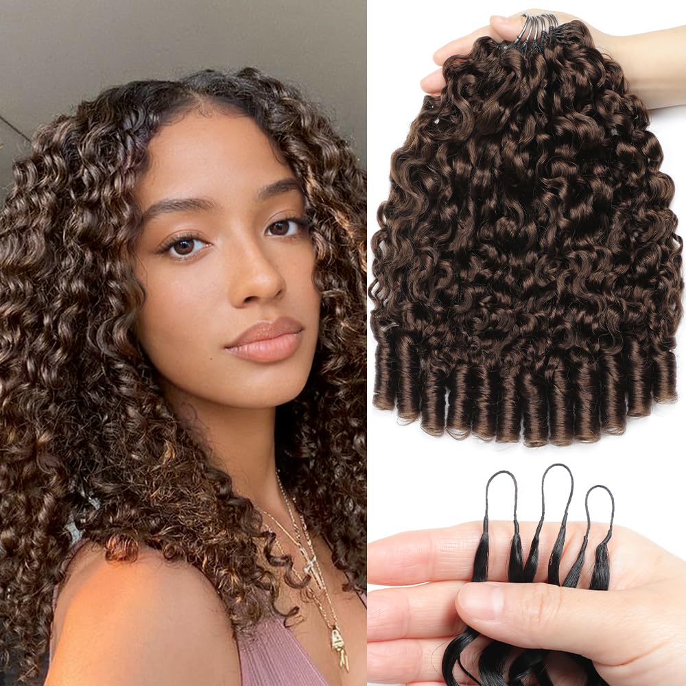 Photo 1 of Einbeauty Burmese Curly Crochet Human Hair for Women 18 Inch Invisible Miracle Knots Hair Pre-Separated 120 Strands 150G Lightweight Knotless Feather Crochet Real Human Hair 4# Chocolate Brown