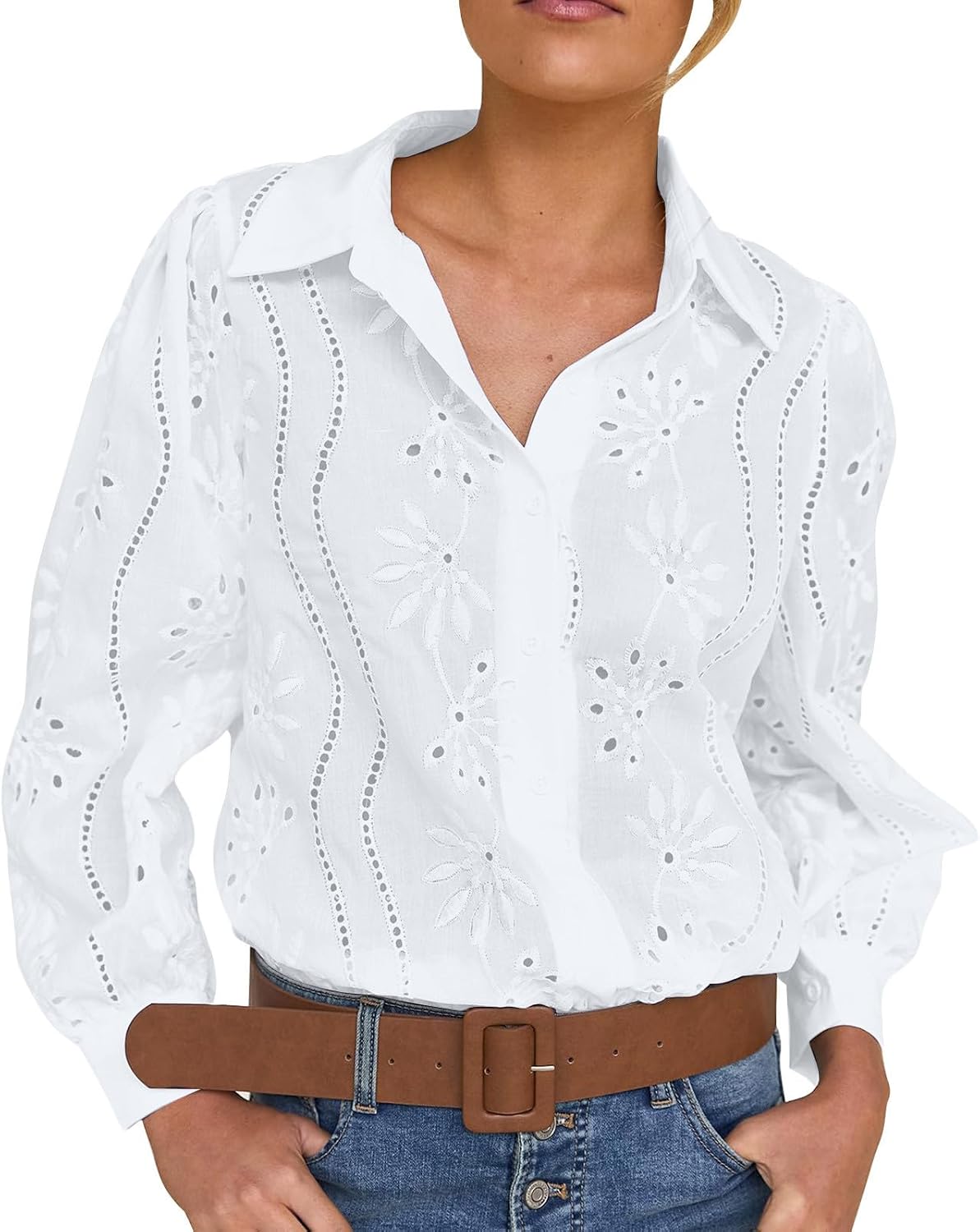 Women's Button Down Shirts Long Sleeve Eyelet Dressy Casual Loose Lapel Collared Blouse Spring Fall Work Clothes