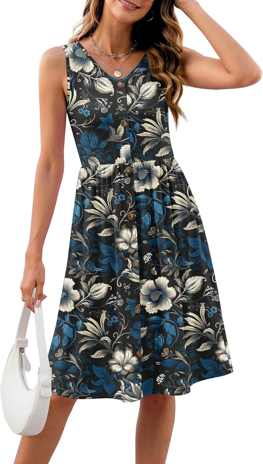 Women's V-Neck Sleeveless Midi Summer Sundress with Elastic Empire Waist Flowy A-Line for Beach Travel Work