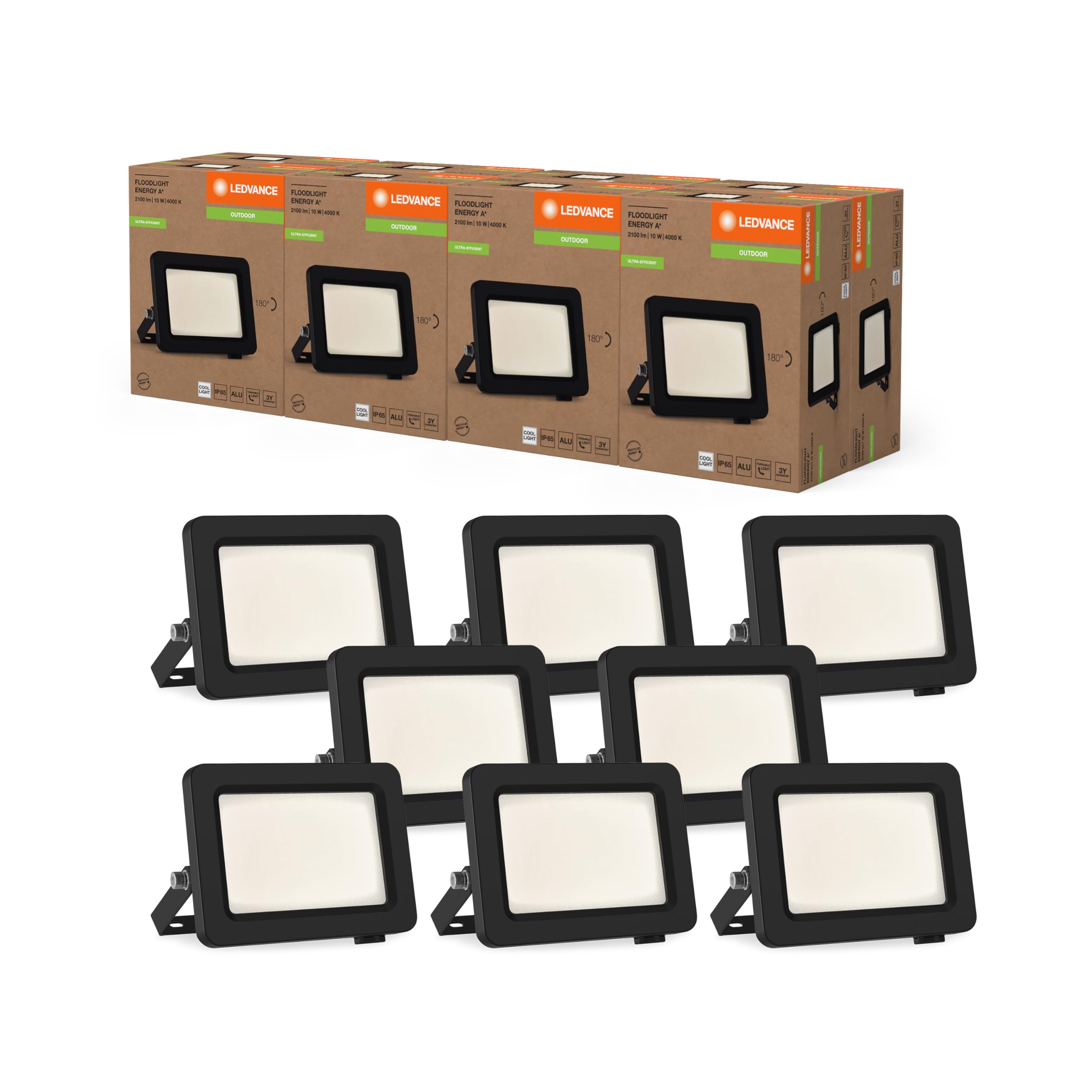 LEDVANCE Proiettore LED con classe di efficienza energetica A, alloggiamento in alluminio nero, 10 W, 1750 lm, per applicazioni esterne, peso leggero, installazione semplice, pacco da 8