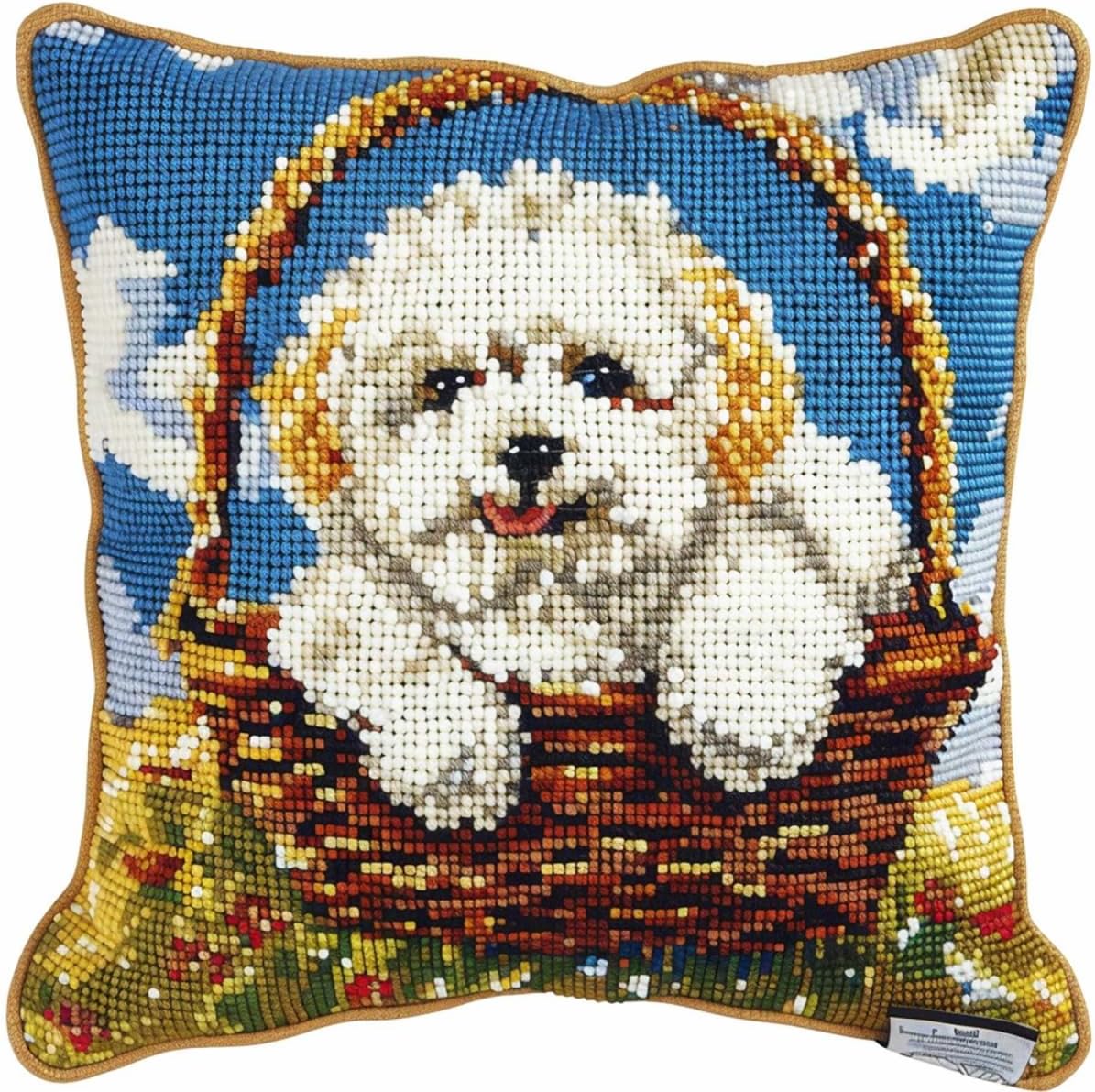 Kitquiver DIY Hook Latch kit Poodle Animal Cushion Making kit Dog and Flower Basket Latch Hook Kits for DIY Throw Pillow Cover,Needlework Cushion Cover Hand Craft Crochet for Family 43x43cm