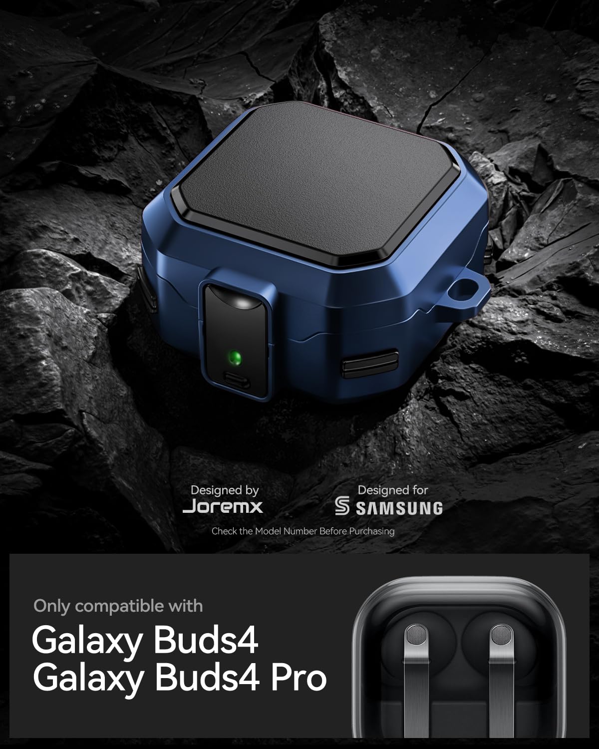 Kompatybilne z Samsung Galaxy Buds 4/4 Pro (2026) Etui, obudowa z zamkiem bezpieczeństwa w designie z włókna węglowego, zestaw do czyszczenia i zaczep karabińczyk dla Galaxy Buds 4 Pro-Niebieski