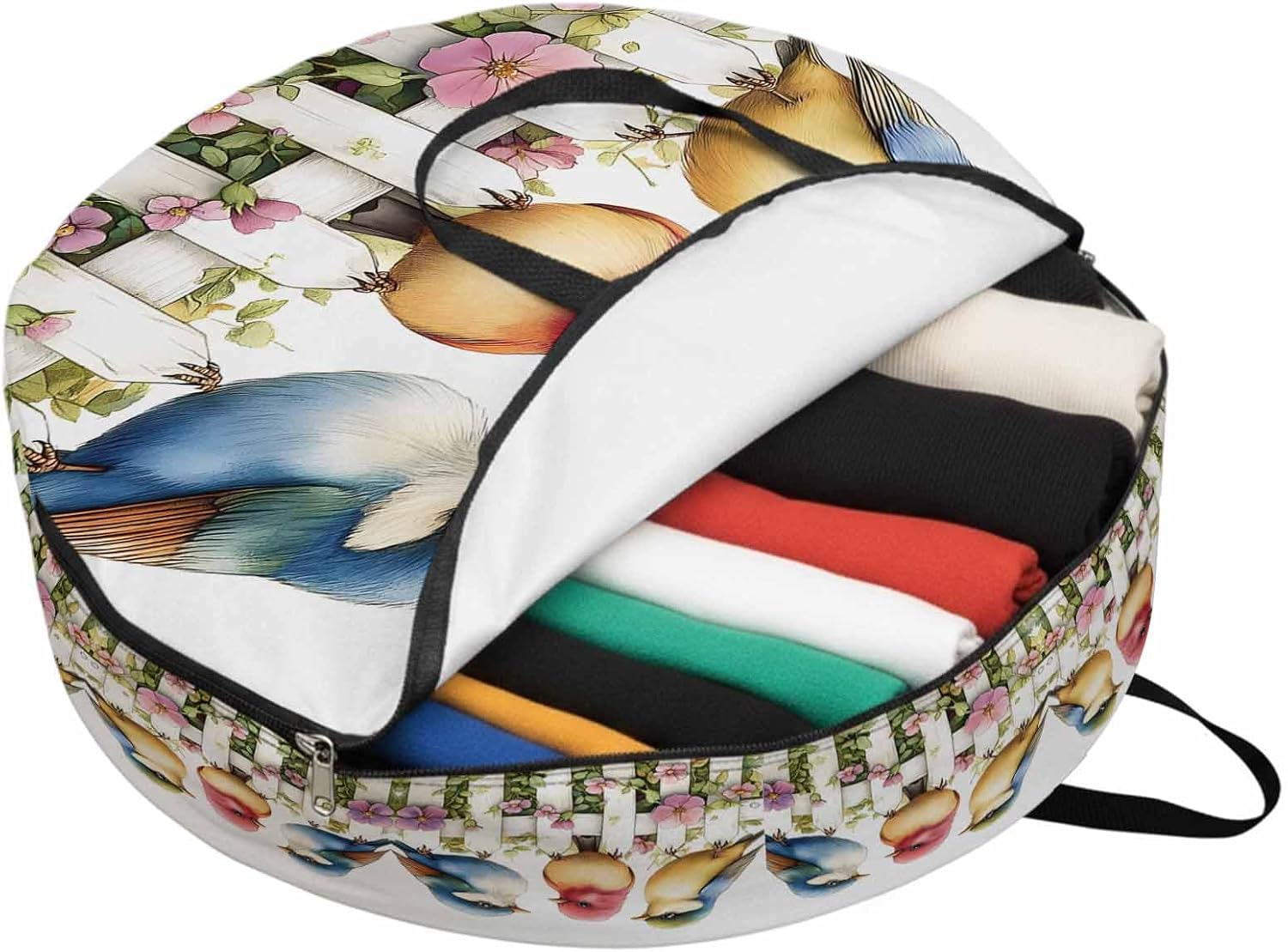 Spring Bird Round Storage Bag 36 Inch, Vintage Flower Fence Watercolor Clothes Storage Container with Handles Heavy Duty Organizer for Comforter, Bedding & Holiday Wreaths