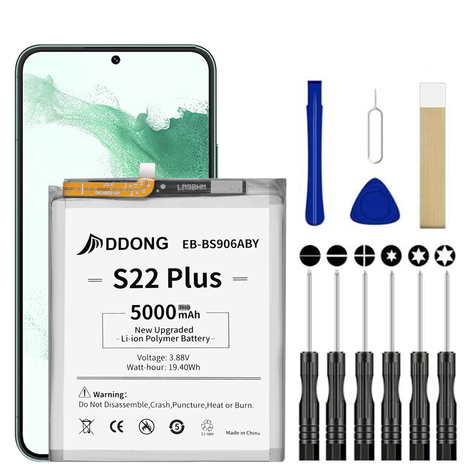 DDONG for Galaxy S22 Plus Battery Replacement, 5000mAh EB-BS906ABY Battery for Samsung Galaxy S22+ Plus 5G SM-S906U S906B S906W S906N with Repair Tool Kit