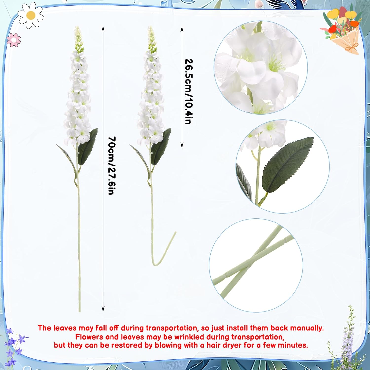 15 Pcs Delphinium Artificial Flowers for Decoration, 27.5 Inch Long Stem Larkspur Fake Flowers White Faux Silk Bouquets for Tall Vase Wedding Home Decor Floral Arrangements(White)