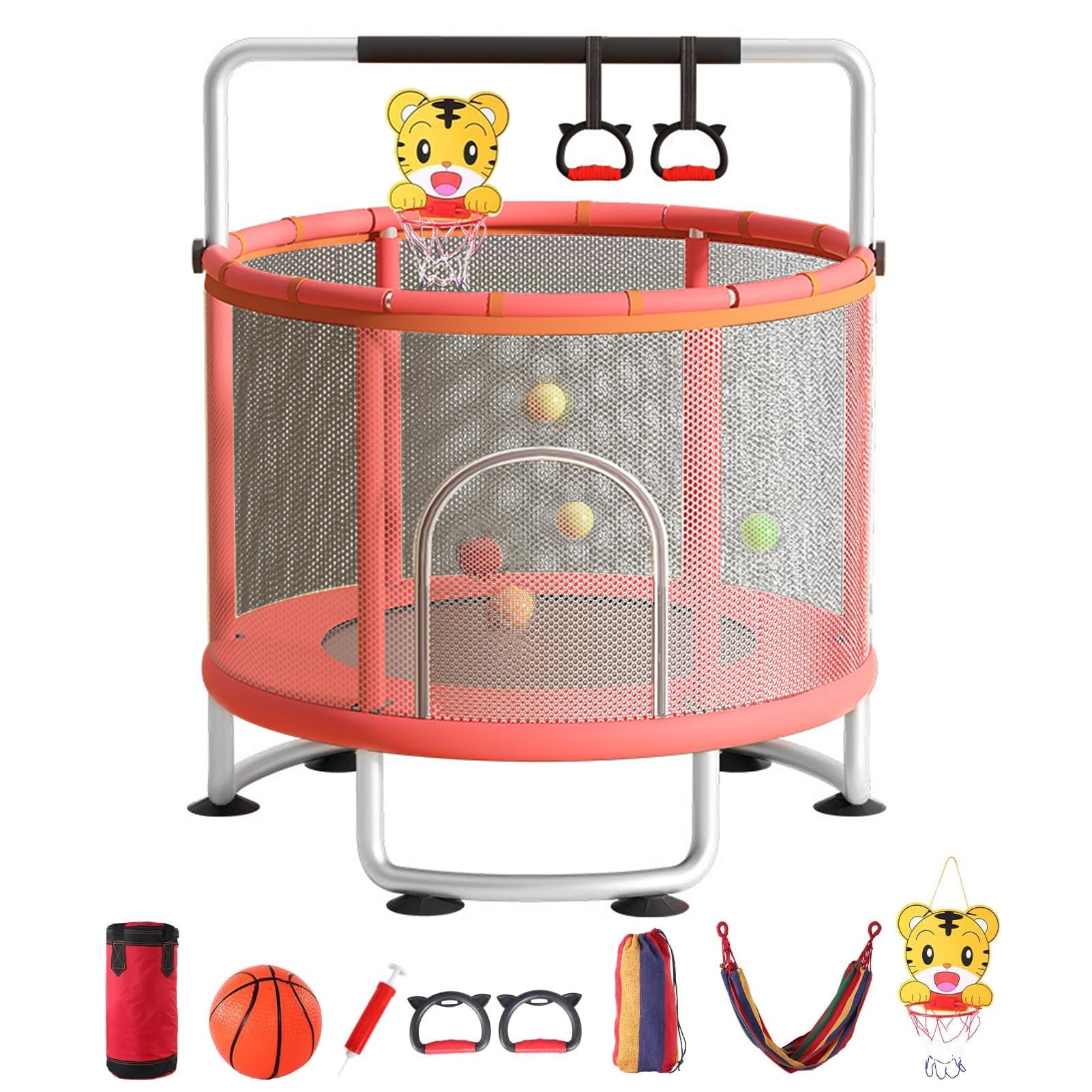 Trampolina dla dzieci z siatką ogrodzeniową, 152 cm, trampolina dla dzieci, do wewnątrz, na zewnątrz, zestaw do zabawy z regulowanym drążkiem gimnastycznym, obręczą do koszykówki, huśtawką, workiem z